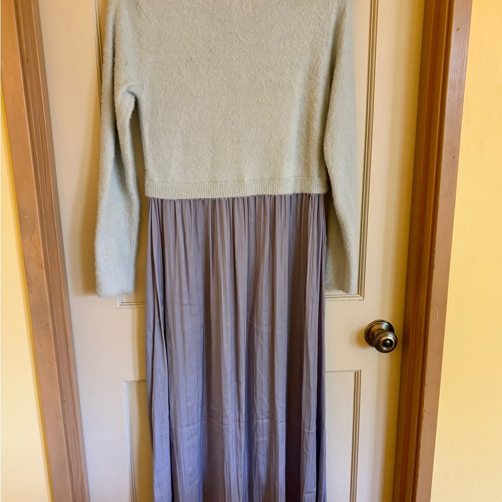 Anthropologie Pale Blue Knit Top with Dusty Blue Satin Skirt Dress - Picture 6 of 10